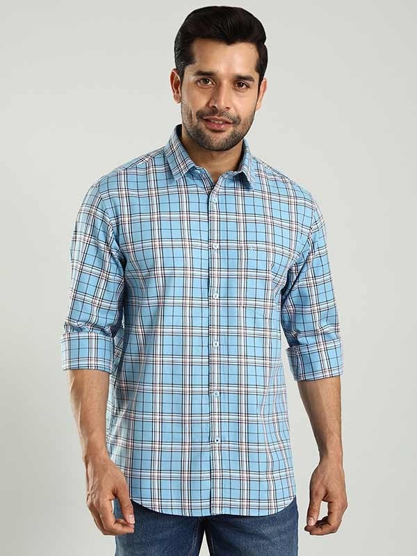 Indian Terrain Men's Regular Fit Full Sleeve Checkered Blue Shirt